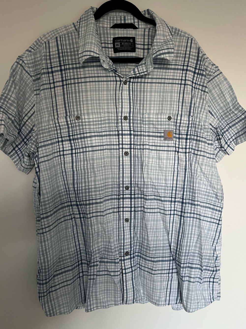 Carhartt Men’s Light Blue and Navy Plaid Short-Sleeve Button-Down Shirt